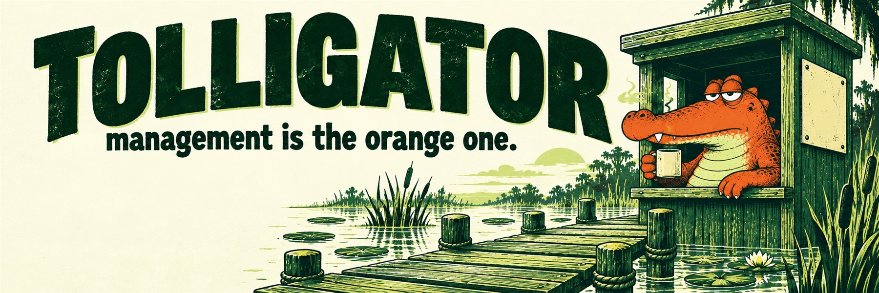 TOLLIGATOR: an orange alligator with a coffee mug leaning out of a small wooden toll booth at the end of a swamp boardwalk. Caption: management is the orange one.