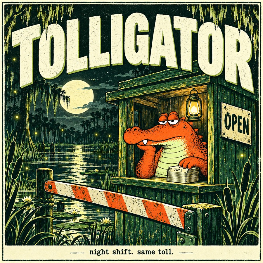 The alligator on night shift in his booth, lantern lit, moon over the swamp. Caption: night shift. same toll.